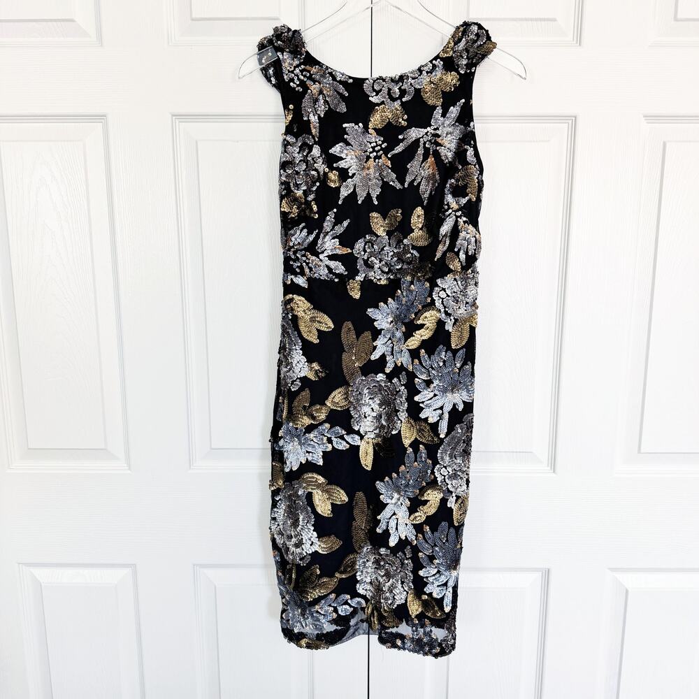 Eva Franco Gatsby Gold Sequin Floral Sheath Dress Black Mesh Cocktail